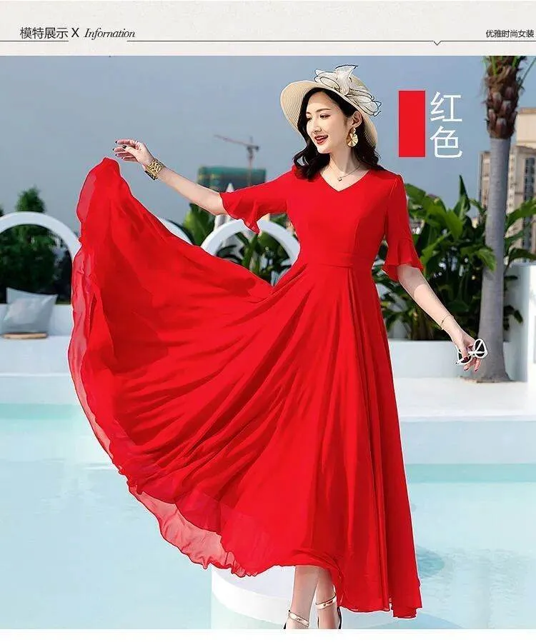 Váy Liền Chiffon Dáng Dài Vừa Cổ V Màu Trơn Cỡ Lớn Tay Lỡ 2022 Váy ...