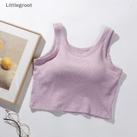 Littlegroot [2023 new HOT FASHION] เสื้อชั้นในสตรีพร้อมแผ่นหน้าอกเสื้อกล้ามคอกลมแขนกุดเข้ารูปสีพื้นฤดูร้อน