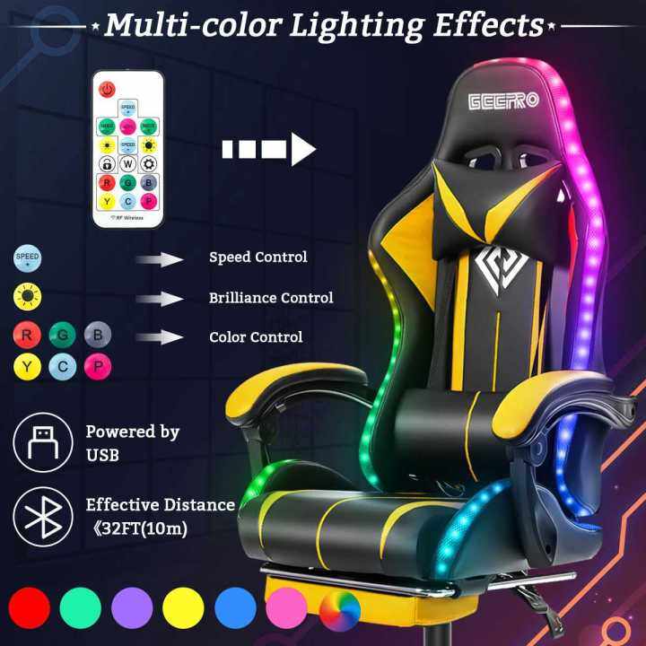 เก้าอี้สำนักงานเก้าอี้เล่นเกมแสง-rgb-135องศาเก้าอี้คอมพิวเตอร์ของนักเล่นเกมเก้าอี้สำนักงานที่ถูกหลักสรีรศาสตร์หมุนได้2จุดผู้เอนกายนวดลำโพงบลูทูธ