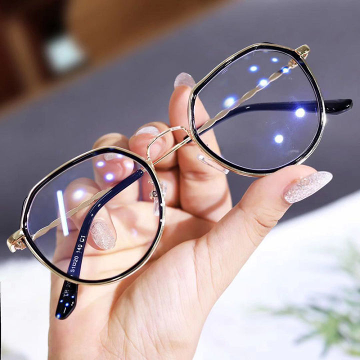 แว่นตาป้องกันแสงสีฟ้าใหม่สำหรับผู้ชายผู้หญิงโลหะที่หรูหราขอบทองกรอบรูปหลายเหลี่ยมแว่นตาผู้หญิง