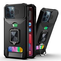 【Enjoy electronic】 Card Slot Slide Lens Protection Phone Case For iPhone 13 11 12 Pro Max X XS Max XR 7 8 Plus 11Pro Armor Rugged Ring Holder Cover