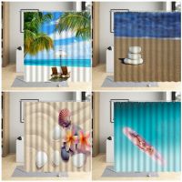 Beach Shower Curtain Sea Palm Tree  Shell Stone Vacation Summer Ocean Scenery Bathroom Decor Polyester Cloth Hanging Curtain Set
