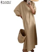 ♝ ZANZEA Women Fashion Casual Solid Color Crew Neck Long Sleeve Retro Maxi Dress