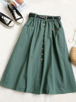 (ร้อน) TIGENA Casual Cotton Midi Long Skirt Women 2022 Autumn Korean Button Pocket Belt A Line High Waist Mid-Length Skirt Female Green