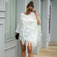 Hairball Knitted Women Sweater Autumn Winter Shawls Ladies White Pullover Knitted Shawl Outerwear Cape Poncho Knitting Shawl