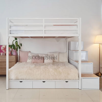 เตียง2ชั้น เตียงล่างโล่ง ขนาด 3.5 ฟุต บันไดเดินขึ้นแบบมีลิ้นชักเก็ยของ เตียงสีขาว