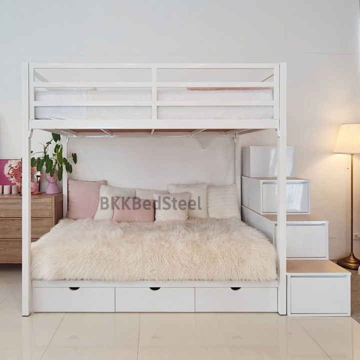 เตียง2ชั้น-เตียงล่างโล่ง-ขนาด-3-5-ฟุต-บันไดเดินขึ้นแบบมีลิ้นชักเก็ยของ-เตียงสีขาว