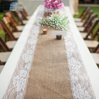 30X275ซม.Rustic Burlap ที่ตกแต่งเก้าอี้ผ้ากระสอบลูกไม้ผ้าปูโต๊ะธรรมชาติสำหรับตกแต่งงานแต่ง