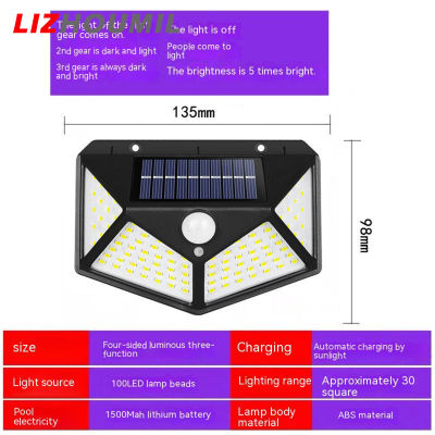 LIZHOUMIL โคมไฟผนังเรืองแสง100leds ไฟแสงอาทิตย์กลางแจ้ง1200Mah แบตเตอรี่ลิเธียม120องศาเซ็นเซอร์วัดรังสีอินฟาเรด