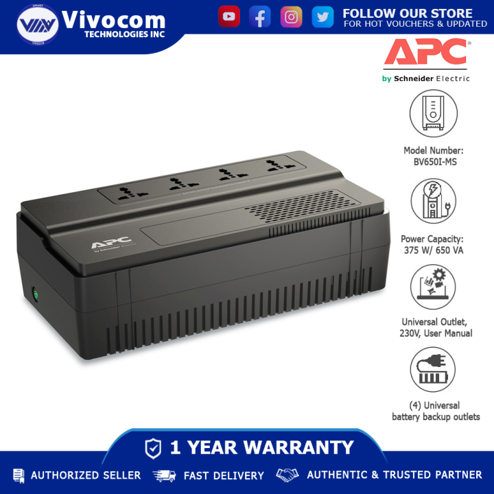 APC EASY UPS BV BV650I-MS 650VA / 375WATTS, AVR, Universal Outlet, 230V ...