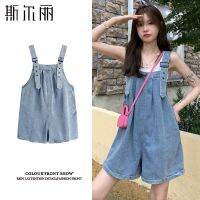 Ready Stock dungarees overalls Silly Denim Jumpsuit Womens Trendy Summer New Style High Waist Slimmer Look Age-Reducing Wide-Leg Five-Point Pants R9N2