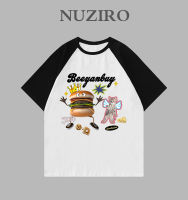 NUZIRO เสื้อยืดแขนสั้นสำหรับผู้หญิงลายแมวแฮมเบิร์กทรงหลวมทำจากผ้าฝ้ายเกาหลี