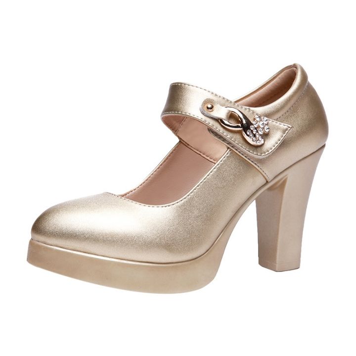 รองเท้าส้นสูงผู้หญิงรองเท้าแต่งงานสีเงินพลอยเทียมสีทองขนาด10ซม-รองเท้าบล๊อกรองเท้าเพิ่มไซส์44