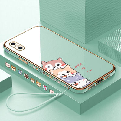 (คลังสินค้าพร้อม) เคสเคสมือถือสำหรับ iPhone XS MAX พร้อมด้วยฟรีสายคล้อง + ตัวการ์ตูนสุนัขฝาหลังชุบเคลือบขอบสี่เหลี่ยมแบบนิ่ม