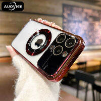 AUOVIEE เคสโทรศัพท์เจาะรูโลโก้พีซีชุบหรูหราสำหรับ iPhone 12 13 14 Pro Max 14 Plus ชาร์จไร้สายใสฝาหลัง