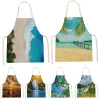 New Natural Scenery Style Apron Home Cleaning Pinafore Bbq Apron Sunset Pattern Sleeveless Cotton Linen Aprons Custom Apron Bib