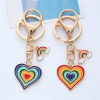 Fashion Rainbow Love Keychain Metal Heart-Shaped Keychain Pendant Girl Bag Student School Bag Pendant Couple Gift Korean Style