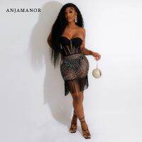 【YF】 ANJAMANOR Sexy Fringed Embellished Tube Top Mini Dress Black Mesh Ladies Gown Party Night Club New Years Women D57-EG25