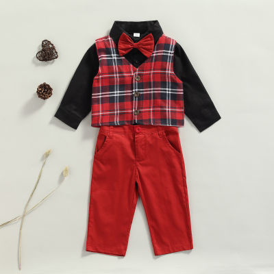 Ma&amp;Baby 0-4Y Christmas Boys Clothes Set Red Plaid Newborn Infant Gentleman Suit Outfits Xmas Shirt Vestcoat Bow Tie Pants dd43