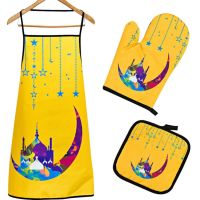 Fashion Printed Kitchen Aprons Oven Mitts Heat Insulation Glove Set For Woman Men Chef Work Waiter Apron For Grill Restaurant Aprons