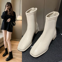 Caohuatang3White Sepatu BOOT Pendek รองเท้าส้นหนาของผู้หญิง2023ฤดูใบไม้ร่วงฉบับภาษาเกาหลีรองเท้าบูทเปล่าบาร์เรลหัวตารางกลางหลังซิป Bootscaohuatang3ส้นต่ำบาง