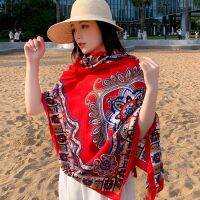 ；【‘；- 2023 New Summer Pareo Print Flower Scarves Silk Satin Muffler Bufanda Women Beach Style Covers Up Plus Size Shawl And Wraps