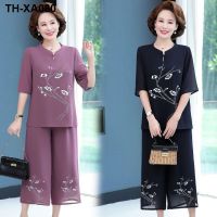 new suit loose two-piece mothers dress short-sleeved t-shirt chiffon top womens middle-aged and elderly summer