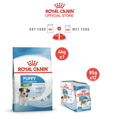 Royal Canin Mini Puppy โรยัล คานิน อาหารเม็ดลูกสุนัข พันธุ์เล็ก อายุ 2-10 เดือน (4 กก.) + อาหารเปียกลูกสุนัข พันธุ์เล็ก 85 ก. X 12 ซอง