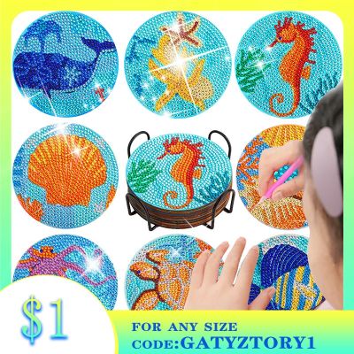 GATYZTORY 8pc/sets Ocean Diamond Coaster 5D DIY Diamond Painting Cup Mat Pad Rhinestone Embroidery Coaster Placemat Cup Cushion