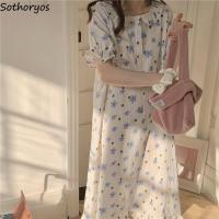 Nightgowns Women Short Sleeve Floral Casual Peter Pan Collar Sweet Midi Night Dresses Elegant Fashion Females Sleepwear Retro