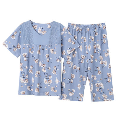 Plus Size XXXL Cotton Florl Pajama Sets for Women Summer Short Sleeve Pyjama Lady Knee Length Loungewear Homewear Clothing