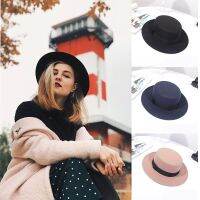 Elegant Womens Hat With Bibbon Band Autumn Flat Top Wide Brim Felt Lady Fedoras Classic Church Wedding Travel British Jazz Cap