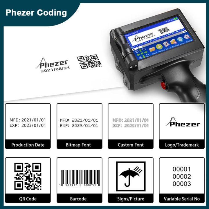 Phezer 12.7/25.4mm Label Printer Handheld Inkjet Printer QR Bar Batch Code  Date Number Expiry Date Coding Machine Portable Lazada