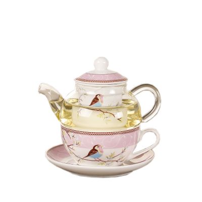 Ceramic Flower Teapot Flower Bird Cup Saucer Heat-Resistant Glass Pot Set Coffee Cup Afternoon Tea Tea Set