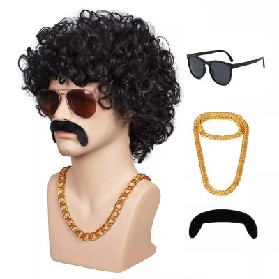 【jw】✟۞✹  Mens Short Curly Synthetic Wig Honey Gold 70s Disco 3 Piece Mustache Chain Costume