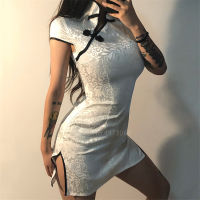 【CW】Chinese Traditional Dress for Women Gothic Sexy Slim Mini Cheongsams Party R Fashion Solid Embroidery Short Sleeve Qipao