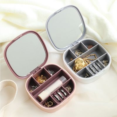 ﹊ Jewelry Box With Mirror Travel Portable Necklace Earring Ring Jewelry Storage Box Womens Split Lipstick Jewelry Box