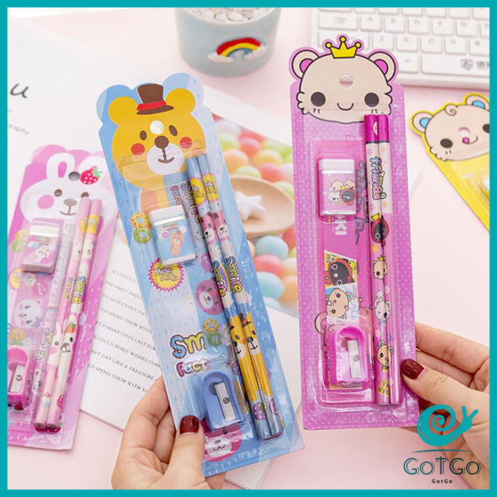 gotgo-เครื่องเขียนราคาถู-เครื่องเขียนราคาถู-ชุดเครื่องเขียนดินสอลายการ์ตูนน่ารัก-4-ชิ้น-cartoon-stationery-set