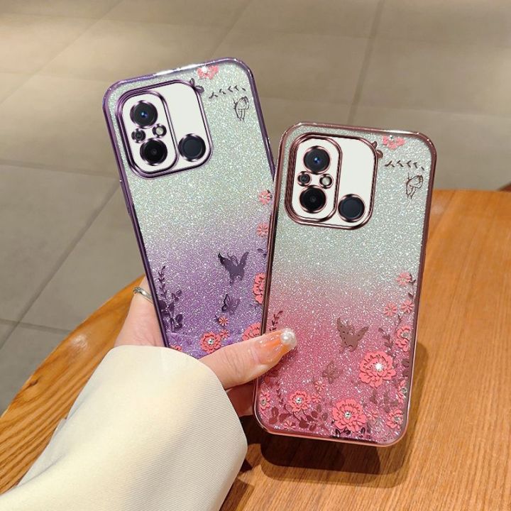 เคสกากเพชรสำหรับเรดมี่12c-12-10c-10a-9c-4g-redmi12-redmi12c-โทรศัพท์ซิลิโคน-tpu-ยืดหยุ่นฝาหลังอ่อนนุ่มเคสกันกระแทกมือถือแวววาวปกป้องผิวชุบลายดอกไม้ไล่ระดับสี