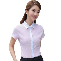 Ol business attire women cultivate ones morality short sleeve shirt stripe overalls hotel front desk tooling high elastic cotton white shirt