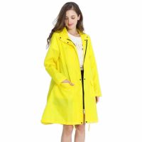 Womens Stylish Solid Yellow Rain Poncho Waterproof Raincoat with Hood and Pockets