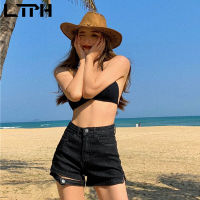 LTPH skinny package hip denim shorts women ins streetwear casual hollow leg buckle design straight jeans bottoms 2021 autumn new