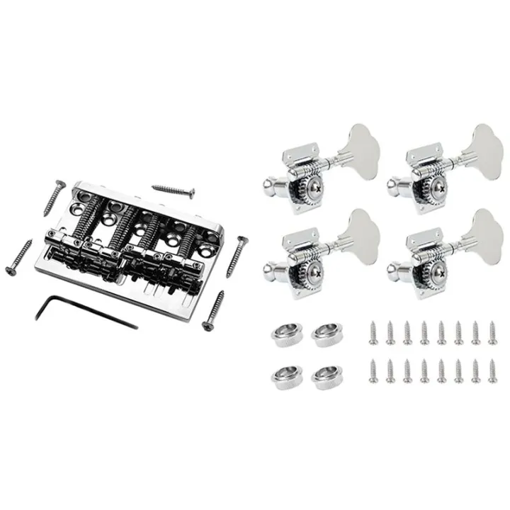 4pcs Guitar Tuning Pegs Electric Bass Tuner Peg With 4 String Hardtail Bass Guitar Bridge Chrome