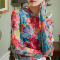 Vintage Tshirt Women Long Sleeve Tie dye Tops Korean Style Fashion Slim Tee Mesh T Shirt 2023 New