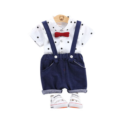 HuaX เด็กทารกสุภาพบุรุษชุดชุด Polka Dot พิมพ์เสื้อแขนสั้น Bow Tie กางเกง Overalls เสื้อผ้าชุด Fast Delivery