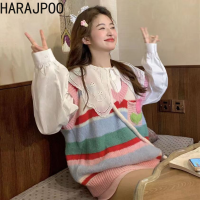 Harajpoo หวานชุด2023ฤดูใบไม้ร่วงผู้หญิงเกาหลีตุ๊กตาคอเสื้อสายรุ้งลายสีจับคู่คอวีเสื้อกันหนาวถักเสื้อกั๊กสองชิ้น...