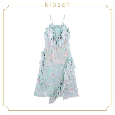 Kloset Spaghetti Strap Long Dress With Ruffles Detail  (SS18-D012)เสื้อผ้าผู้หญิง เสื้อผ้าแฟชั่น เดรสแฟชั่น เดรสยาว