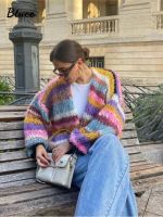 ✢♝☋ New Crochet Knitted Striped Cardigans Lantern Sleeve Sweater Loose Fashion Streetwear