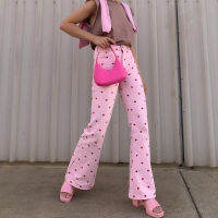 Feiernan Y2k Pink Heart Flare Pants Women Printing Causal Straight High Waist Trousers Ins Baggy Wide Leg Full Length Bottoms