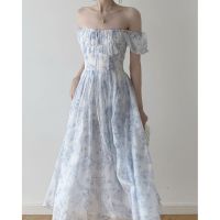 COD DSTGRTYTRUYUY Korean summer floral chiffon one-shoulder puff sleeves floral sexy waist fairy maxi dress